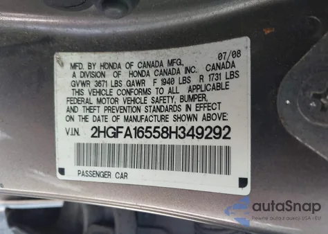 2008 Honda Civic Lx из США, поврежденный, VIN 2HGFA16558H349292